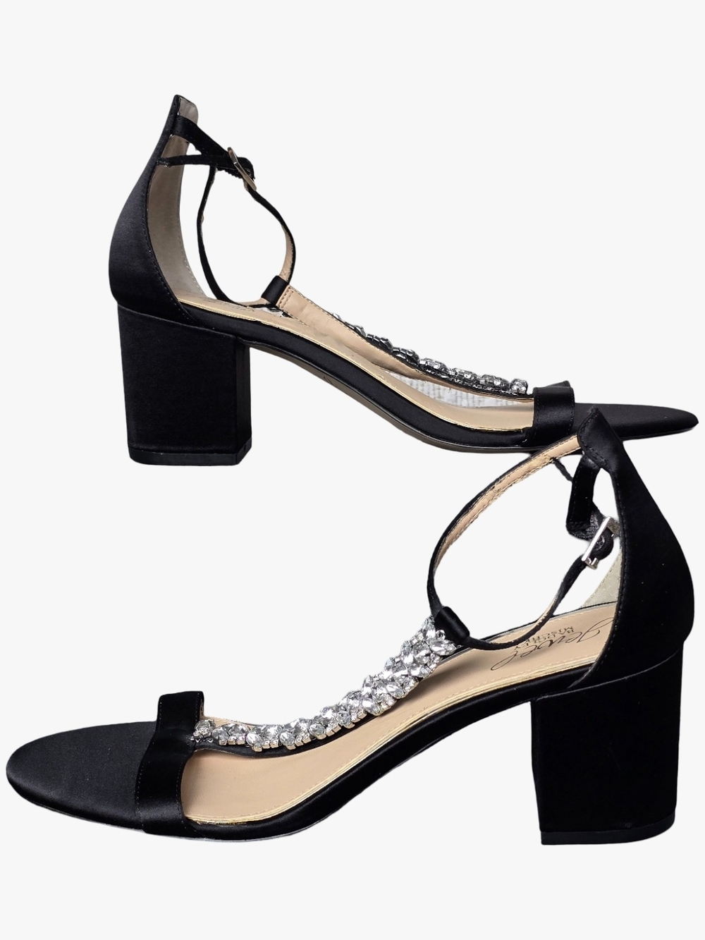 Jewel Badgley Mischka Lindsey Block-Heel Black Evening Sandal Sz 9.5 Wedding - Picture 3 of 10